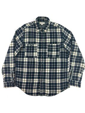 Wallace & Barnes Mens Flannel Shirt Size Medium Navy Blue Plaid Workwear Outdoor